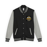 Heavyweight letterman jacket, black body with gray sleeves and striped rib trim