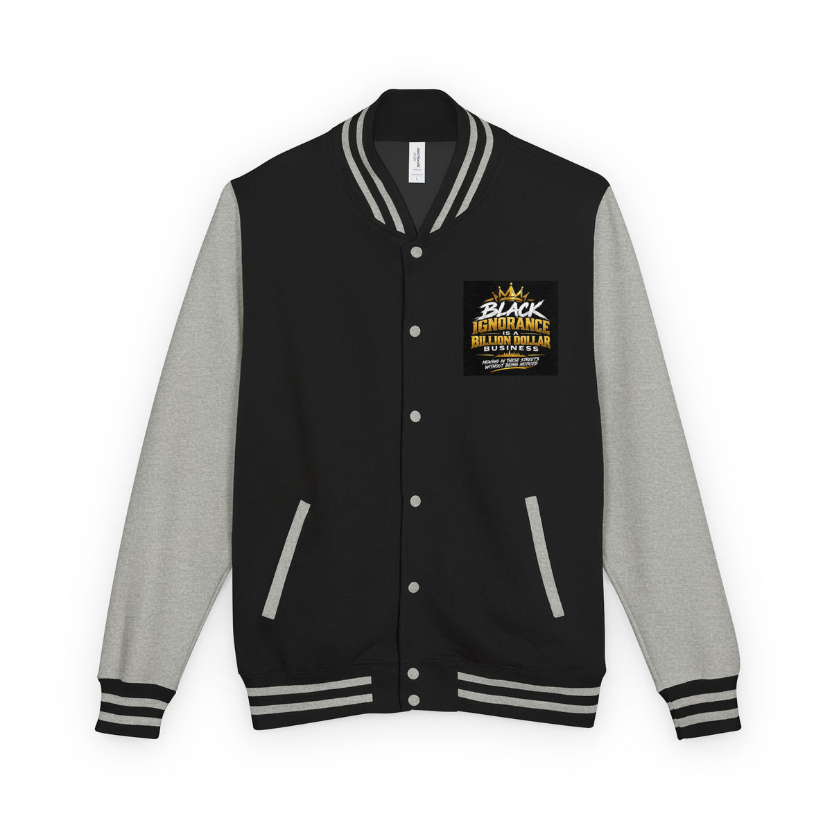Heavyweight letterman jacket, black body with gray sleeves and striped rib trim