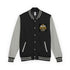 Heavyweight letterman jacket, black body with gray sleeves and striped rib trim