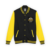 Heavyweight letterman jacket, black body with yellow sleeves and striped rib trim