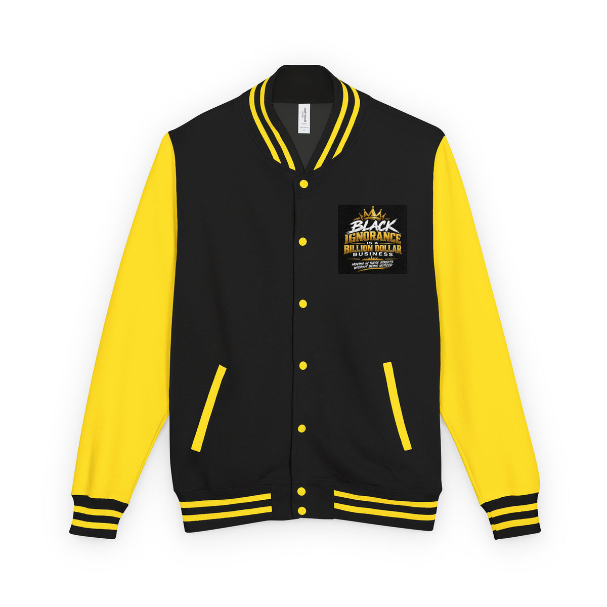 Heavyweight letterman jacket, black body with yellow sleeves and striped rib trim