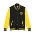 Heavyweight letterman jacket, black body with yellow sleeves and striped rib trim