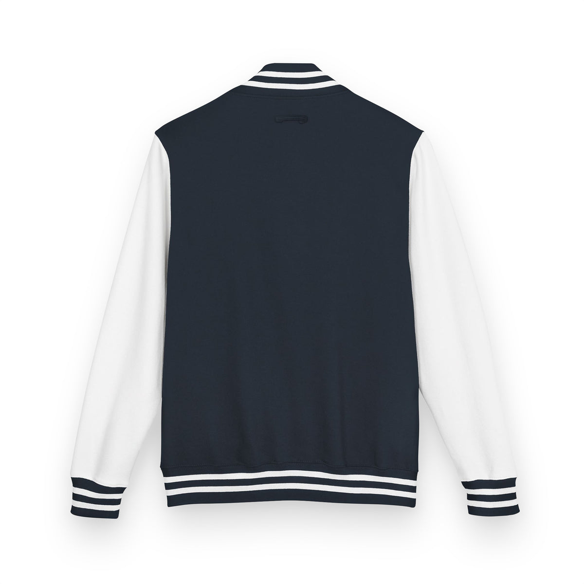 Heavyweight letterman jacket back view, navy body with white sleeves and striped hem