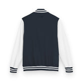 Heavyweight letterman jacket back view, navy body with white sleeves and striped hem