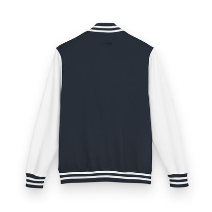 Heavyweight letterman jacket back view, navy body with white sleeves and striped hem