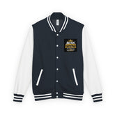 Heavyweight letterman jacket, navy body with white sleeves and striped rib trim