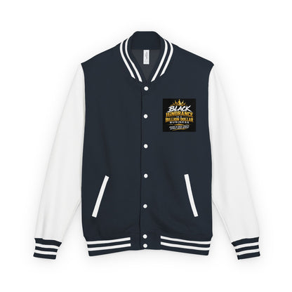 Heavyweight letterman jacket, navy body with white sleeves and striped rib trim